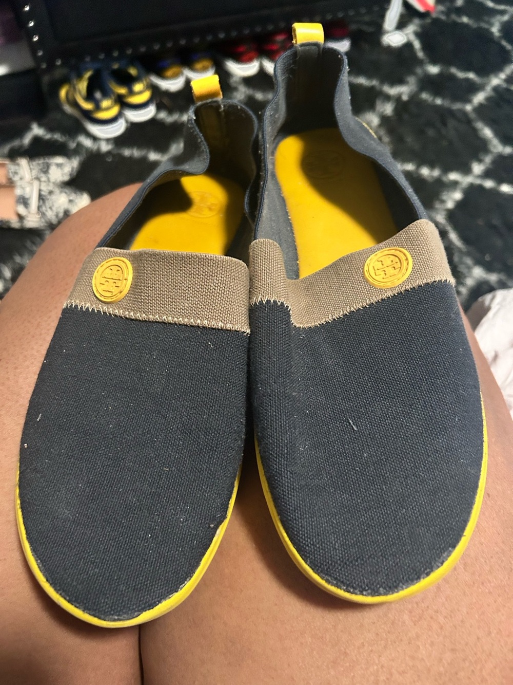 Tory Burch Black and Yellow Slip-On Canvas Loafers